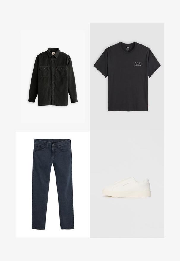 Crna korduroy košulja s dugmadi sprijeda, ovratnikom i dva džepa na prsima. Ima teksturirano platno i ravni kroj.; Crna pamučna majica kratkih rukava s okruglim izrezom. Ima mali bijeli grafički print na lijevoj strani prsiju. Glatka tekstura.; Tamno plave traperice uskog kroja s pet džepova, zatvaranjem na kopče i diskretnom istrošenom teksturom po cijelom tkanju.; Bijele slip-on tenisice s teksturiranom površinom, debelim đonom i minimalističkim dizajnom. Sadrže logo branda sa strane.