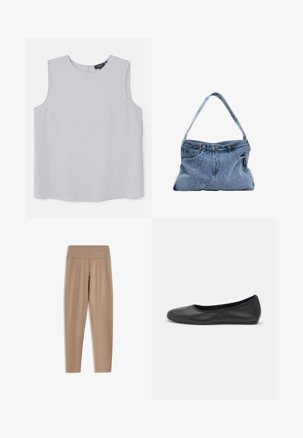 Haut sans manches en gris clair, fabriqué en tissu lisse. Présente un col rond et une fermeture éclair dissimulée au dos.; Leggings beiges avec une taille haute, fabriqués dans un tissu lisse et extensible. Présentent une coupe épurée et sans matériel ou motifs visibles.; Ballerines en cuir noir avec un bout rond, texture lisse, détails de couture minimalistes et design de semelle flexible.; Sac à épaule en denim avec une bandoulière courbée, deux poches avant et un dessus à bouton, comprenant un tissu bleu clair et des détails de couture contrastés.