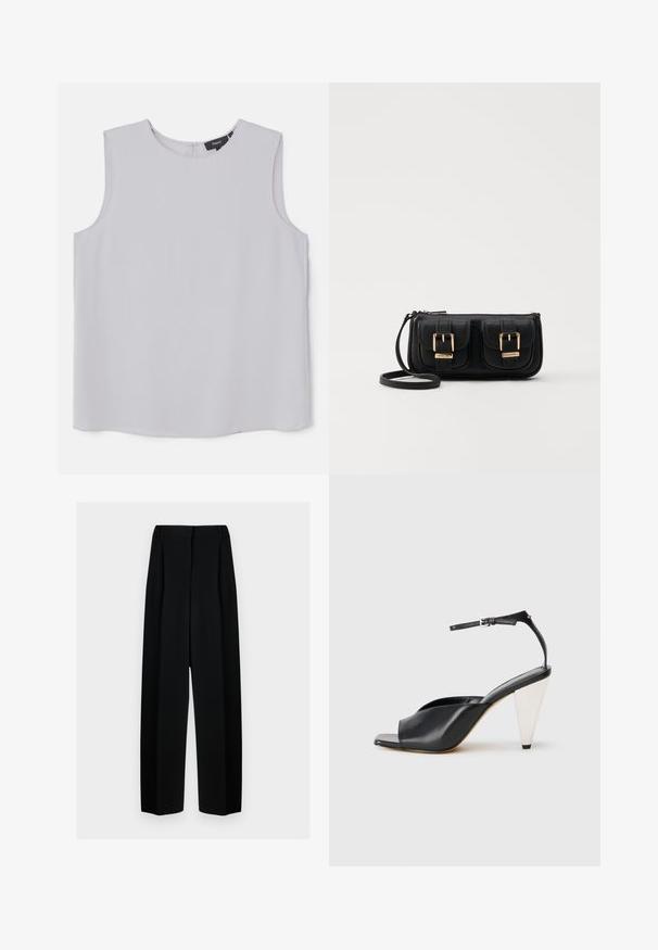 Kergelt hall seljatagusega ilma varrukateta pluus, valmistatud siledast kangast. Omab ümmargust kaelust ja peidetud selja lukku kinnitamiseks.; Mustad laiad püksid kõrge vöökohtaga, millel on voldid ja sujuv tekstuur. Kanga välimus on kerge ja see ripub elegantselt.; Must mustril kõrge kontsaga sandaalid avatud varbaga, asümmeetrilise disainiga, pahkluukeevikuga ja metallilise koonusja kontsaga. Ühtlane tekstuur üle kogu.; Must küllastamata nahast õlakott, millel on kaks esist nähtavat taskut, kuldsed pandlad, tõmblukuga sulgemine ja peen rihm. Tekstuuriga pind ja kompaktne ristkülikukujuline kuju.