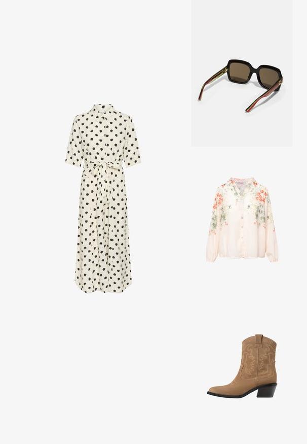 Bloes met bloemenmotief op een lichtcrème basis, met oranje en groene bloemen. Lange mouwen, knoopsluiting en een V-hals ontwerp. Zacht van textuur.; Roomkleurige jurk met zwarte stippen, knoopsluiting aan de voorkant, korte mouwen en een gestrikte taille. Gladde stof, enkel lengte, losse silhouet.; Bruine suède western enkelboot met een puntige neus, geborduurd ontwerp en een lage, gestapelde zwarte hak. Voorzien van treklussen voor gemakkelijk aantrekken.; Zwarte oversized zonnebril met bruine glazen. Kenmerkt zich door unieke gestreepte armen in groen en rood, en gouden hardware accenten. Vierkante vorm.
