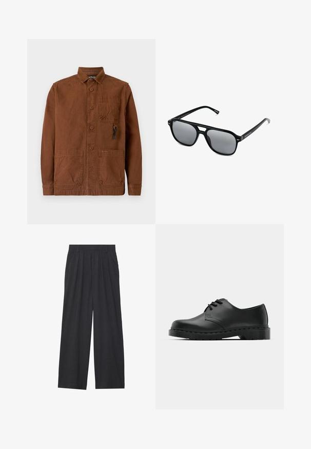 Bruine canvasjas met een kraag, knopen aan de voorkant, twee opgestikte zakken aan de voorkant en een klein logo op de onderste zak.; Wijd-uitlopende broeken van donkergrijze stof. Kenmerken zijn plooien bij de taille, een tailor-made ontwerp en een rechte silhouet.; Zwarte leren oxford schoenen met vetersluiting, ronde neus, platte rubberen zool en subtiele stiksel details langs het bovenwerk.; Zwarte zonnebril met rechthoekige montuur, grijs getinte glazen en een uitgesneden ontwerp bij de neusbrug. Strak, glanzend kunststof materiaal met smalle veren.