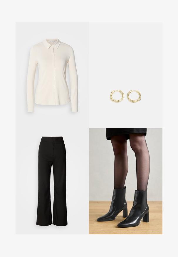 Camicia a maniche lunghe con bottoni di colore crema chiaro, realizzata in tessuto morbido. Presenta un colletto classico e bottoni frontali. Design semplice e aderente.; Pantaloni neri a gamba larga con texture liscia, vita alta e design semplice. Nessuna tasca visibile o decorazioni.; Stivaletti neri in pelle con punta affusolata, tacco quadrato imponente e design elegante. Dotati di pannelli laterali elasticizzati per una facile vestibilità.; Orecchini a cerchio in oro con una forma irregolare e texture. Presentano una chiusura senza giunture e una finitura superficiale lucida, che enfatizza un design moderno.