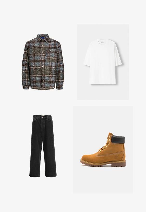 Brown and blue plaid shirt jacket made of textured fabric; features a chest pocket and button closure.; White short-sleeved t-shirt made from cotton, featuring a round neckline and a relaxed fit. Smooth texture, with no visible patterns or accents.; Black wide-leg jeans made from denim fabric. Features a high waist, two front pockets, a button closure, and subtle stitching details.; Tan suede ankle boot with black padded collar, gold metal eyelets, white stitching detailing, and rugged rubber sole with pronounced treads.