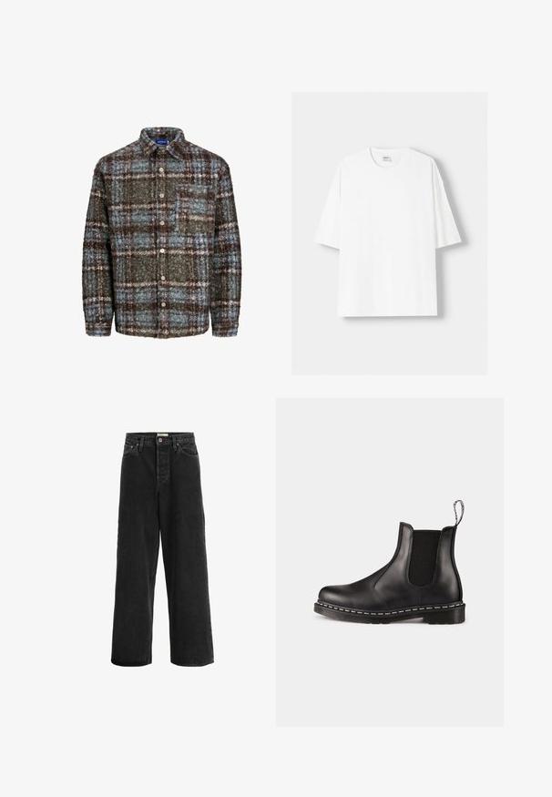 Braun-blau kariertes Hemd aus strukturiertem Stoff; verfügt über eine Brusttasche und einen Knopfverschluss.; Weißes kurzärmliges T-Shirt aus Baumwolle mit Rundhalsausschnitt und lockerer Passform. Glatte Textur, ohne sichtbare Muster oder Akzente.; Schwarze weit geschnittene Jeans aus Denim. Sie verfügt über eine hohe Taille, zwei Fronttaschen, einen Knopfverschluss und dezente Nähte.; Schwarze Leder-Chelsea-Stiefel mit elastischen Seitenpaneelen, abgerundeter Zehenpartie, Ziehschlaufe, weißer Naht an der Sohle und strukturiertem Gummiaußensohle.