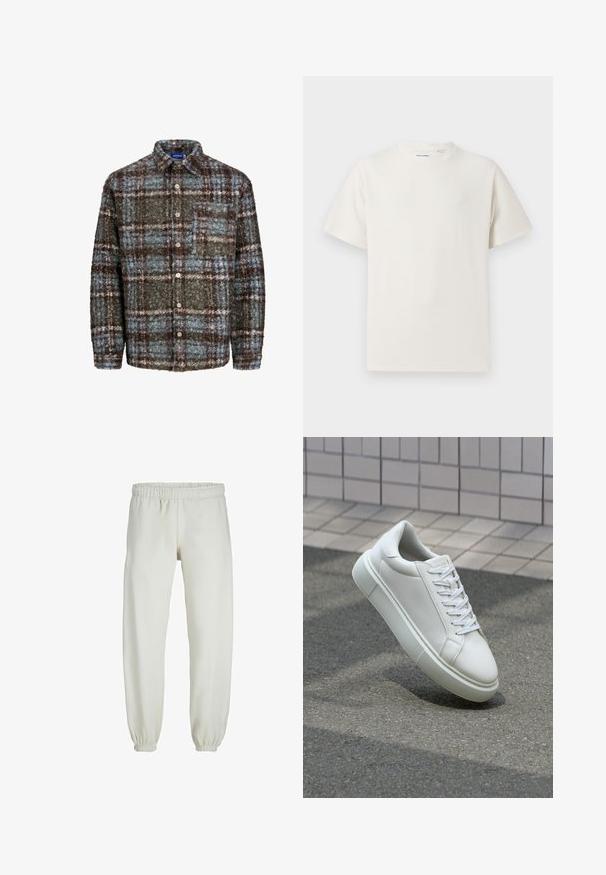 Veste en flanelle à carreaux bruns et bleus, en tissu texturé ; dotée d'une poche poitrine et d'une fermeture à boutons.; T-shirt blanc à manches courtes en texture côtelée. Encolure ronde, coupe décontractée, sans motifs ni accents visibles. Design simple et polyvalent.; Pantalons de survêtement blancs en tissu doux, avec une taille et des poignets élastiques, présentant une texture lisse et un design ample.; Baskets en cuir blanc avec une surface lisse, bout rond et lacets plats blancs. Présentent une semelle en caoutchouc texturée et des éléments de design minimalistes.