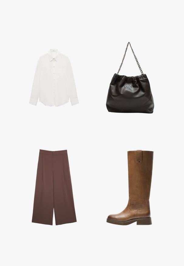 Mango Camicia - off-white; Pantaloni ampi marroni con una texture liscia, caratterizzati da una vita alta e pieghe frontali. Il tessuto è leggero e scorre liberamente.; Stivale marrone in pelle alto fino al ginocchio, con punta tonda, superficie testurizzata e tacco basso impilato. Presenta un pannello laterale e una linguetta di apertura in cima.; Borsa in pelle marrone con parte superiore arricciata e tracolla a catena. Texture liscia con finitura lucida e dettagli di cucitura sottili sui lati.