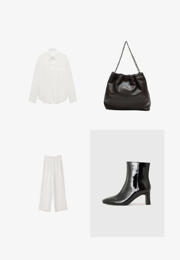 Mango Button-down blouse - off-white; White wide-leg trousers made from a lightweight fabric. Features an elastic waistband with a drawstring and side pockets. Smooth texture.; Black patent leather ankle boot with a pointed toe and a mid-height block heel. Smooth texture and minimalist design.; Brown leather bag with a gathered top and a chain strap. Smooth texture with a glossy finish and subtle seam detailing on the sides.