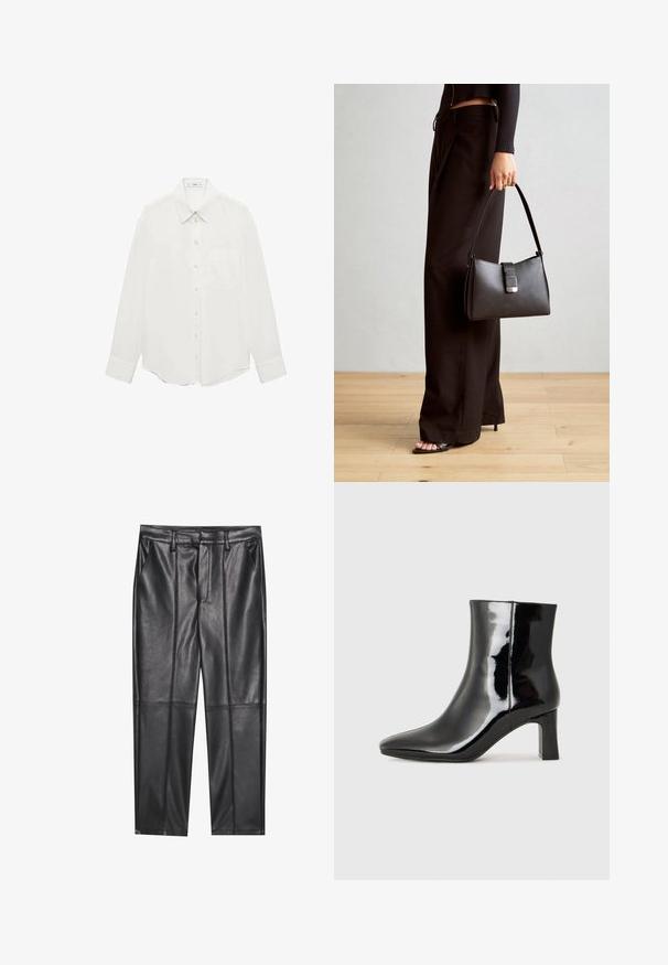 Mango Cămașă - off-white; Pantaloni din piele neagră cu o textură netedă, având o croială dreaptă, două buzunare frontale și detalii vizibile ale cusăturilor.; Botine negre din piele lacuită, cu vârful ascuțit și toc bloc de înălțime medie. Textură netedă și design minimalist.; Genți negre cu o formă structurată, textură netedă și un închizător metalic. Asortată cu pantaloni negri largi și sandale cu vârf deschis pe un podea din lemn.