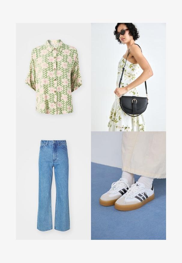 Short-sleeve button-up shirt in green fabric featuring a wavy white pattern and pink floral accents. It has a collar and a loose fit.; Light blue denim jeans, high-waisted with a loose fit and wide legs. Features include a classic button closure and front pockets.; White sneakers with black stripes and beige suede accents. Feature a textured gum sole and flat white laces, worn with light-colored socks.; Black leather handbag with a curved shape, detachable strap, and gold hardware. The bag features a flap with a buckle detail.