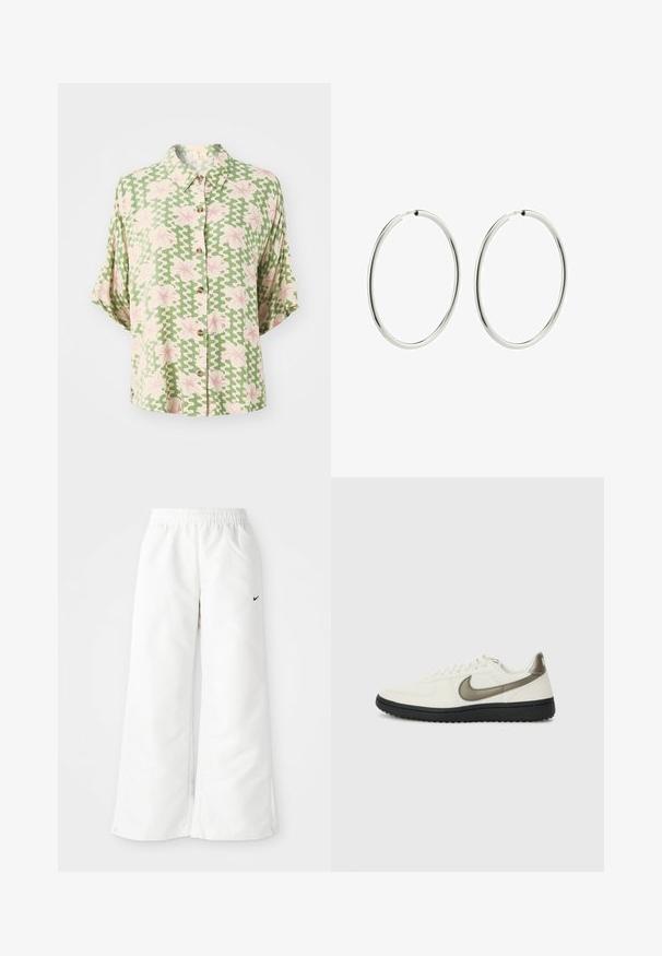 Short-sleeve button-up shirt in green fabric featuring a wavy white pattern and pink floral accents. It has a collar and a loose fit.; White athletic pants with a wide-leg design, elastic waistband, and a small black Nike logo on the left side. Smooth, lightweight material.; Nike Sportswear FIELD GENERAL - Trainers - off-white/black; Silver hoop earrings with a smooth, polished finish. Circular shape, consistent width, designed for easy fastening. Simple and elegant.