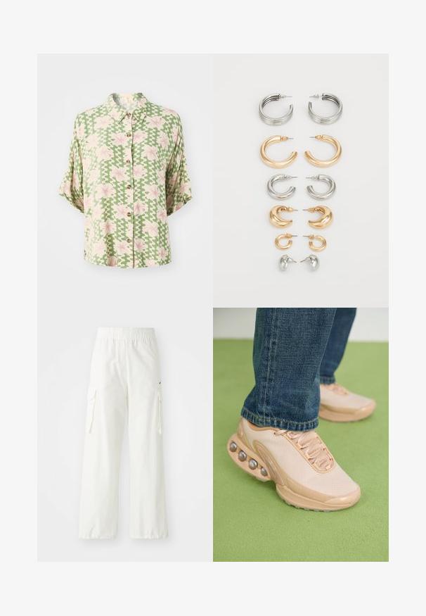 Short-sleeve button-up shirt in green fabric featuring a wavy white pattern and pink floral accents. It has a collar and a loose fit.; White cargo pants with a wide leg design, featuring an elastic waistband and side pockets. Textured fabric with a smooth finish.; Light beige athletic shoes feature a mesh upper, rubber sole, and rounded accents with metallic details. Worn with blue jeans on a green surface.; Set of eight metal earrings in silver and gold tones. Includes various hoop styles, textures, and finishes, arranged by size.
