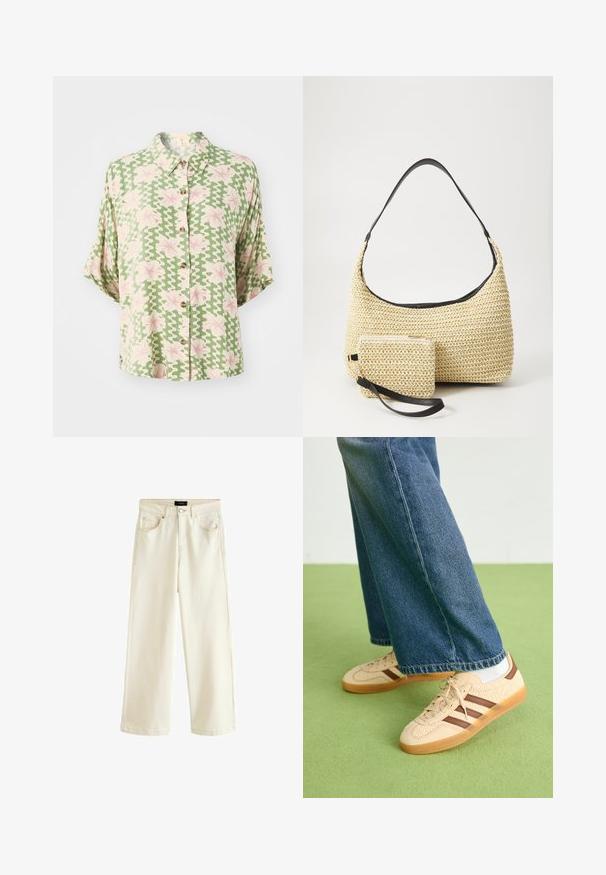 Žalia audinio marškinėlių su trumpomis rankovėmis palaidinė, puošta banginiais baltais raštais ir rožinėmis gėlėmis. Ji turi apykaklę ir laisvą siluetą.; Plati kojinės kelnės iš šviesiai bežinio džinsinio audinio, su mygtuko uždarymu, penkiomis kišenėmis ir lygiu paviršiumi. Paprastas ir šiuolaikiškas dizainas.; Bežiniai sportbačiai su tekstūruotais grietinėlės spalvos paneliais ir rudiems dryžiais, derinami su mėlynu džinsiniu džinsų komplektu. Džinsai turi plačias kojas ir nusidėvėjusį apatinį kraštą.; Austo pynimo šiaudinio rankinio krepšio su kreiviu siluetu, su glotnia juoda odine rankena ir atitinkamu mažu maišeliu, pritvirtintu prie riešo juostos.; Blizgus kreminis apyrankė, pagaminta iš lygaus dervos. Apvalus forma su vienodai lygia paviršiaus ir mažas auksinis logotipas viduje.