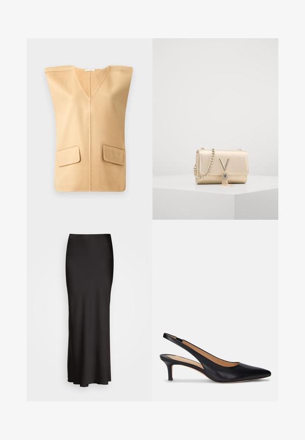 Beige sleeveless vest with a V-neck, featuring two front patch pockets and a soft texture, designed with minimal seams for a modern look.; Black, floor-length satin skirt with a smooth texture, fitted waistband, and A-line silhouette, featuring no visible embellishments or patterns.; Black leather slingback pump with a pointed toe, low kitten heel, and smooth texture. Features an open back design and minimal stitching details.; Gold metallic handbag with a textured finish, featuring a chain strap and a V-shaped clasp with a tassel detail. Compact rectangular shape.