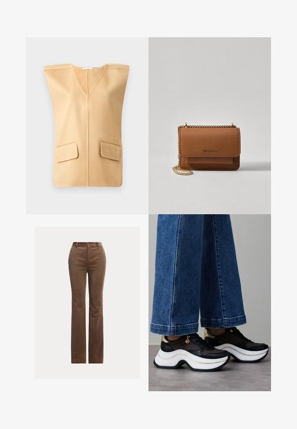 Bež brezrokavnik z V-izrezom, ki ima dve sprednji žepni krpici in mehko teksturo, zasnovan z minimalnimi šivi za moderen videz.; Rjave kordurojske hlače s ravnim krojem, ki imajo zanke za pas, sprednje žepe in subtilno vertikalno rebrasto teksturo.; Črni in zlati supergi z ukrivljeno belo podplatom. Teksturirana tkanina z logotipskimi poudarki. Kombinirani s širokimi modrimi kavbojkami.; Rjava teksturirana usnjena torba čez ramo z zlatim verižnim trakom in zapiranjem na pokrov. Spredaj je vidna podrobnost logotipa in žep pod pokrovom.