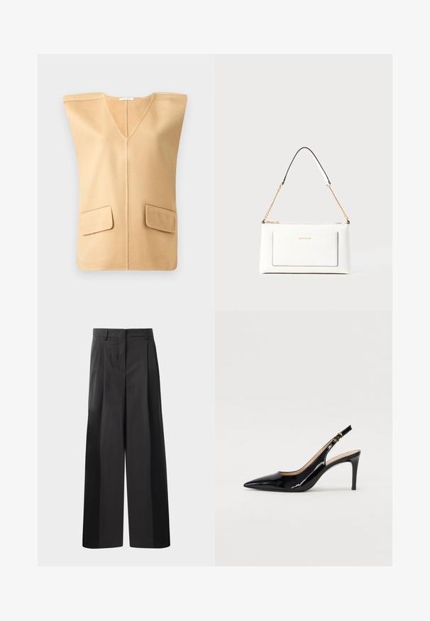 Bež bezrukavni prsluk s V-izrezom, s dva prednja džepa i mekom teksturom, dizajniran s minimalnim šavovima za moderan izgled.; Crne široke hlače s visokim strukom, s prednjim nabranim detaljima, glatkom teksturom i krojenim završetkom. Dizajnirane za opušteni kroj.; Crne lakirane slingback cipele s oštrim vrhom, uskim potpeticama i suptilnim izrezom. Sadrže zlatnu kopču na traku.; Bijela kožna torba s teksturiranim završetkom, koja ima zlatni lančić i crne akcentne detalje. Uključuje prednji džep i zatvaranje na patentni zatvarač.