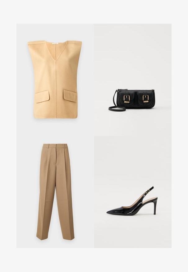 Beige ujjatlan mellény V nyakkal, amely két elülső zsebből áll, puha textúrával rendelkezik, és minimális varrásokkal készült a modern megjelenés érdekében.; Beige színű, magas derekú, plissézett elejű és széles szárú, testre szabott nadrág. Az anyag sima tapintású, enyhe fénylő hatással.; Fekete lakk bőr kötött magassarkú cipő, hegyes orral és karcsú sarokkal, finom kivágásos dizájnnal. Az övön arany csatt található.; Fekete bőr keresztbody táska két elülső zsebbel, arany csattokkal, cipzáras záródással és vékony pánttal. Textúrált felület és kompakt téglalap alak.