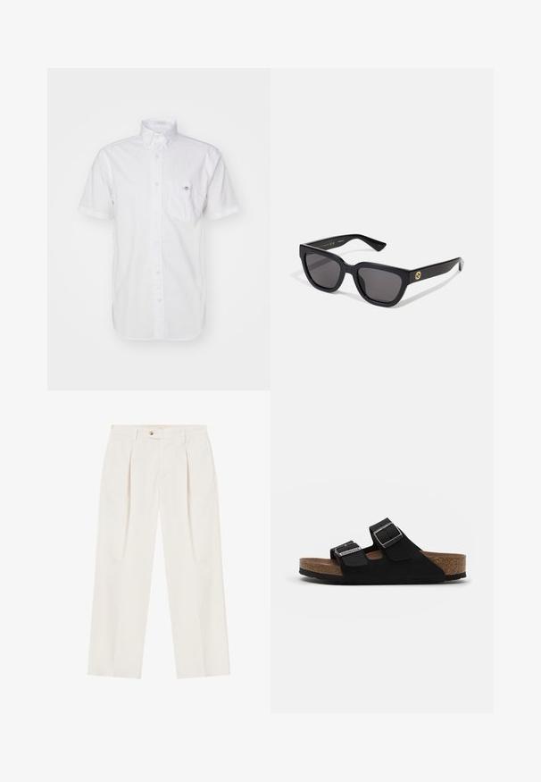 Kortsleppet hvit skjorte med knapper laget av lett bomull, med en brystlomme og en subtil logo på lommen. Glatt tekstur.; Hvite, vide bukser med bretter foran, en enkelt knappelukking og sidelommer. Glatt tekstur og skreddersydd design.; Sorte semskede sandaler med to justerbare stropper, sølvspenner og en korkfotbed. Har en teksturert svart såle for grep.; Svarte rektangulære solbriller med en blank finish, mørke linser og gullhardwaredetaljer på stangene med logo.
