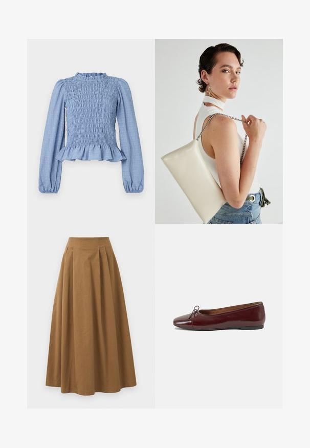 Jasnoniebieska bluzka z falbanami, z długim rękawem, falbaniastym dekoltem, peplum oraz teksturowanym materiałem z wzorem marszczenia.; Brąskowa bawełniana spódnica w kształcie litery A z wysokim stanem, z plisami z przodu i gładką fakturą. Wykończenia dołu są czyste i proste.; Bordowe baleriny z lakierowanej skóry z zaokrąglonym noskiem, małą kokardką z przodu oraz niską, czarną gumową podeszwą. Gładka tekstura.; Biała prostokątna kopertówka wykonana z błyszczącego materiału, z srebrnym łańcuszkiem. Modelka pozuje, prezentując torebkę na jednolitym tle.