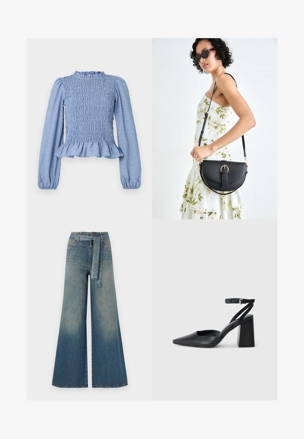 Hellblaue gesmockte Bluse mit langen Ärmeln, gerafftem Ausschnitt, Peplum-Saum und strukturiertem Stoff mit einem Faltenmuster.; Weit geschnittene Denim-Hosen mit einem Farbverlauf von hellblau zu dunkelblau, hoher Taille, Gürtelschlaufen und einem passenden Stoffgürtel. Strukturierte Denim-Oberfläche.; Schwarze Leder-Pumps mit spitzer Zehe, einem Knöchelriemen und einem blockigen Absatz. Flache Textur, elegantes Design und minimalistische Ästhetik.; Schwarze Lederhandtasche mit geschwungener Form, abnehmbarem Tragegurt und goldenen Beschlägen. Die Tasche verfügt über einen Deckel mit einer Schnallen-Details.