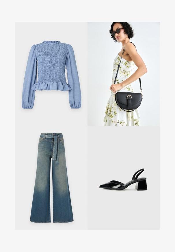 Világoskék smocked blúz hosszú ujjakkal, fodros nyakkivágással, peplum alsó résszel és ráncos mintázatú textúrált anyaggal.; Bőszárú farmernadrág, világos és sötétkék árnyalatokkal, magas derekú, övgyűrűkkel és a nadrággal megegyező anyagú övvel. Textúrált farmer kivitel.; Fekete lakk bőr szandálkés magas sarkú cipő, hegyes orral és geometrikus tömbsarkakkal. Karcsú, minimalista dizájn és sima textúra jellemzi.; Fekete bőrtáska ívelt formával, levehető pánttal és arany színű fémrészekkel. A táskán egy csattal díszített fedél található.