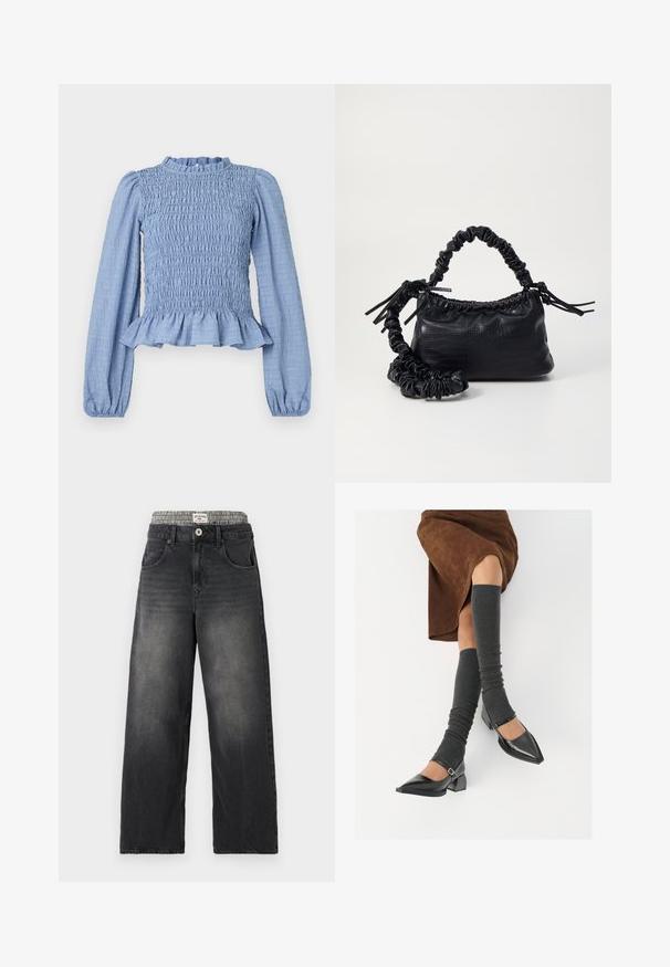 Blusa azul clara com pregas, mangas longas, decote franzido, bainha peplum e tecido texturizado com padrão enrugado.; Jeans de ganga largos pretos com uma cintura em padrão pied-de-poule. Inclui bolsos frontais e fecho de botão. Textura desgastada.; Sapatos pretos de pele lacada com biqueira pontuda, salto bloco e tiras no tornozelo, combinados com caneleiras cinzas em malha e uma saia de camurça castanha.; Bolsa de mão em couro sintético preto com textura de crocodilo, topo franzido e alça enrugada. Apresenta um design suave e compacto.