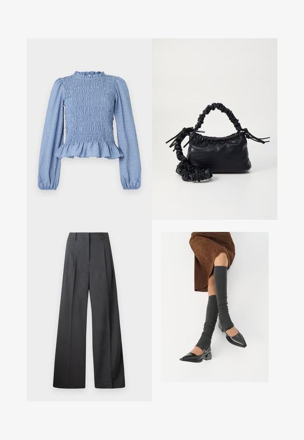 Heled sinine smockitud pluus pikkade varrukatega, volangidega kaelus, peplum-hem ja tekstuurne kangas, millel on kortsuline muster.; Tumesed püksid tumesinises kangas, kõrge vöökoht, üks voldik ning sile struktuur puhaste ääristega.; Mustad patsaline odav värviga kingad, millel on kreen ja pahkluuring, on paaritatud hallide ribakudumitega sääremiidega ja pruunist nahast seelikuga.; Must must sünteetilisest nahast käekott, millel on krokodillimuster, kokku tõmmatav ülaosa ja kortsus rihm. Tundub pehme ja kompaktne disain.