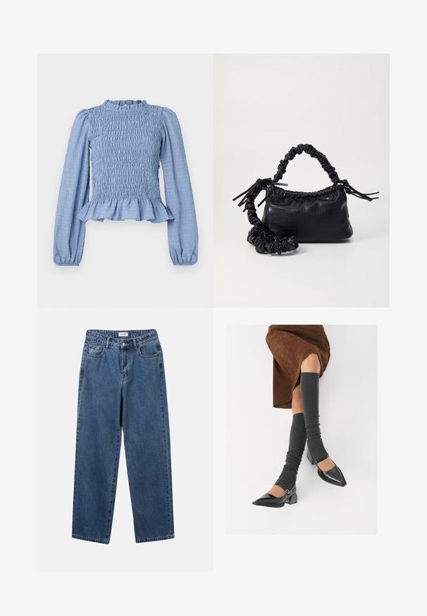 Gaiši zila smocked blūze ar gariem piedurknēm, viļņotu kakla izgriezumu, pepluma apakšu un teksturētu audumu ar grumbu rakstu.; Klasiskie zili džinsi ar taisnu kāju dizainu, pieciem kabatām un pogu aizdari. Iezīmējas ar vidēju mazgāšanu un izturīgu tekstūru.; Melnas laka ādas apavi ar norādītu purngalu, blokveida papēdi un potīšu jostu, saskaņoti ar pelēkām ribotām kāju sildītājām un brūnu zamšādas svārku.; Melnā mākslīgās ādas rokassoma ar krokodila rakstu, savilkta augšdaļa un saburzīta siksna. Izskatās mīksta un kompakta pēc dizaina.