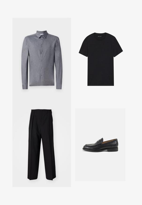 Sivá košeľa s dlhým rukávom a klasickým golierom, vyrobená z ľahkej textúrovanej tkaniny a s šiestimi prednými gombíkmi.; Čierne bavlnené tričko s krátkymi rukávmi a okrúhlym výstrihom. Materiál má hladkú textúru a jednoduchý, jednofarebný dizajn.; Čierne skladané nohavice s rovnom, širokým strihom. Vyrobené z hladkého materiálu, s gombíkovým zapínaním a pútkami na opasok.; Čierne kožené mokasíny s hladkým povrchom, zaoblenou špičkou a dekoratívnym prešívaním na prednej časti. Nízky kokteilový opätok a jemný lesk.