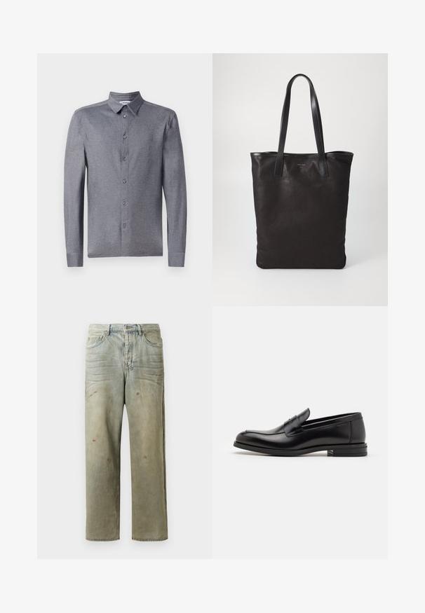 Szürke, hosszú ujjú, gombos ing klasszikus Gallagher-rel, amely könnyű, texturált anyagból készült és hat elülső gombbal rendelkezik.; Fakó zöld, kopott farmerszadrág, egyenes lábbal, ötk zsebes kialakítással, egyenetlen kopással és festékcseppekkel.; Fekete bőr loaferek sima textúrával, kerek orral és dekoratív pánttal a vampnál. Alacsony, rétegelt sarkú, minimalista dizájn.; Fekete vászontáska fekete bőr füllel. Egyszerű dizájn, tágas test és sima textúra. Nincsenek látható logók vagy minták.