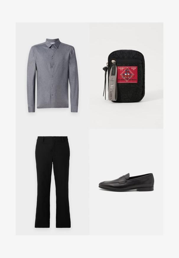Chemise grise à manches longues avec col classique, en tissu léger et texturé, dotée de six boutons à l'avant.; Pantalons évasés noirs en tissu mélangé coton, dotés d'une fermeture à bouton, de passants de ceinture et d'une texture lisse sans motifs visibles.; Mocassin pour homme en cuir noir avec un petit talon et un design classique à lanière penny, présenté en profil sur fond blanc.; Pochette noire en tissu texturé, avec un patch rouge portant le logo, fermeture éclair et une sangle grise avec le nom de la marque en relief.