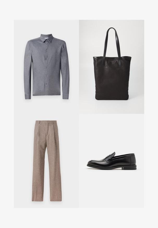 Cămașă gri cu mânecă lungă și nasturi, cu guler clasic, având un material ușor și texturat și șase nasturi frontali.; Pantaloni bej, cu talie înaltă, dintr-un material texturat. Prezintă picioare late și două pliseuri frontale pentru structură. Finisaj îngrijit, fără accesorii vizibile.; Mocasini din piele neagră cu o textură netedă, vârf rotund și o curea decorativă peste partea superioară. Toc mic, design minimalist.; Geantă de umăr din pânză neagră cu mânere din piele neagră. Design simplu, corp spațios și textură netedă. Fără logo-uri sau modele vizibile.