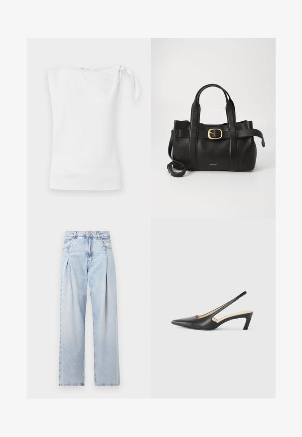 Vit ärmlös topp med en asymmetrisk halsringning och en knytning på vänster axel, tillverkad av ett mjukt, lätt tyg.; Ljust blå denimjeans med hög midja, vida ben, två sidofickor och veckad design. Mjuk textur med en blekt finish.; Svart spetsig slingback-sko med låg klack, som har ett slätt lädermaterial och utskärningsdesign på sidan för andningsförmåga.; Svart läderhandväska med en strukturerad design, dubbla topphandtag, detaljer i guldton med spänne och präglad logotyp framtill.