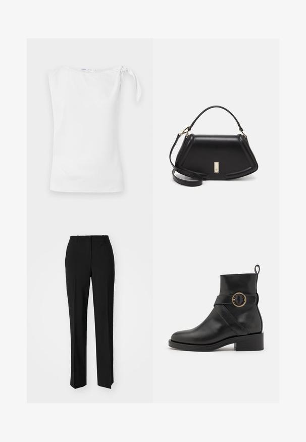 Hvid ærmeløs top med en asymmetrisk halsudskæring og en knude detalje på venstre skulder, lavet af et glat, let stof.; Sorte skræddersyede bukser med lige ben-design, der har en glat tekstur og skarpe folder langs fronten. Ingen synlige hardware.; BOSS IRYNA BOOTIE - Plateaustøvletter - black; Sort læderhåndtaske med en struktureret design, der har en kortet form, tophåndtag og guld hardware-accenter. Justerbar skulderrem inkluderet.