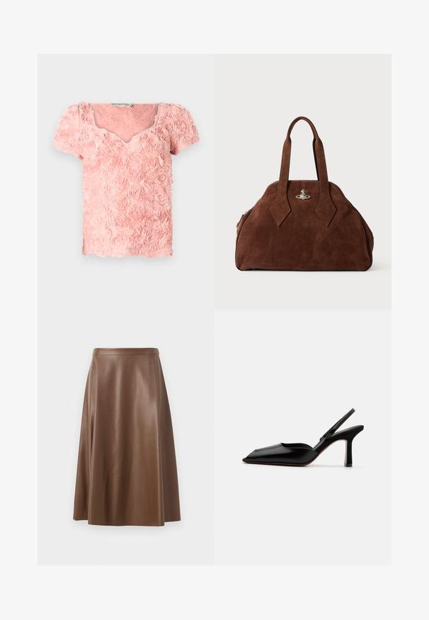 Rožinė palaidinė, pagaminta iš tekstūruoto audinio su sluoksniuotais rožių raštais, trumpomis rankovėmis ir V formos iškirpte. Pasižymi švelniais, trimatiais akcentais.; Ruda odinė A formos sijonas su lygiu paviršiumi ir vidutinio ilgio hemu. Yra prigludusi juosmens linija ir švelnus šonų išplatėjimas.; Juodas odinis slingback kulnas su smailiu nosiu, minimalizmo stilius, plonas kulkšnies dirželis ir elegantiškas stiletto kulnas. Lygus paviršius.; Ruda zomšo rankinė su struktūrine forma, apvaliu kūnu ir pailgom rombo formos rankenom. Yra sidabro spalvos uždarymo mechanizmas.