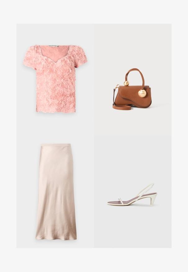 Ružový top vyrobený z texturovanej látky s vrstvenými ružovými vzormi, krátkymi rukávmi a výstrihom do V. Obsahuje jemné trojrozmerné akcenty.; Saténová midi sukňa v svetlej béžovej farbe, so priliehavým pásom, hladkou textúrou a rozšíreným lemom, bez viditeľných ozdôb alebo vreciek.; Biele sandále na opätku so slabým podpätkom, tenkými pásikmi a hladkým koženým povrchom; obsahujú malú dekoratívnu sponu.; Hnedá kožená kabelka s vlnitým dizajnom, s dvoma kruhovými zlatými akcentmi a odnímateľným ramenným popruhom pre všestranné nosenie.