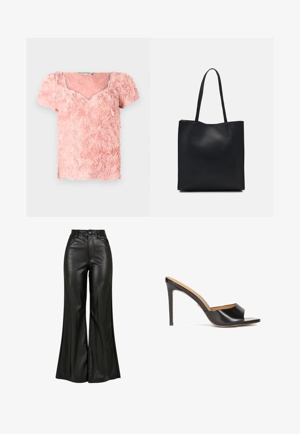 Rosa Oberteil aus strukturiertem Stoff mit geschichteten Rosenmustern, kurzen Ärmeln und V-Ausschnitt. Verfügt über weiche, dreidimensionale Akzente.; Schwarze Lederhose mit ausgestelltem Schnitt und glatter Textur. Sie verfügt über eine hohe Taille, Knopfverschluss und Vordertaschen. Breites Bein-Design und polierte Oberfläche.; Schwarze offene Absatzmules mit glänzendem Lederfinish, konischem Blockabsatz und einem sanft geformten Riemen über dem Spann.; Schwarze Laptoptasche aus Leder mit glatter Textur, rechteckiger Form und zwei langen Griffen. Keine sichtbaren Beschläge oder Verzierungen.
