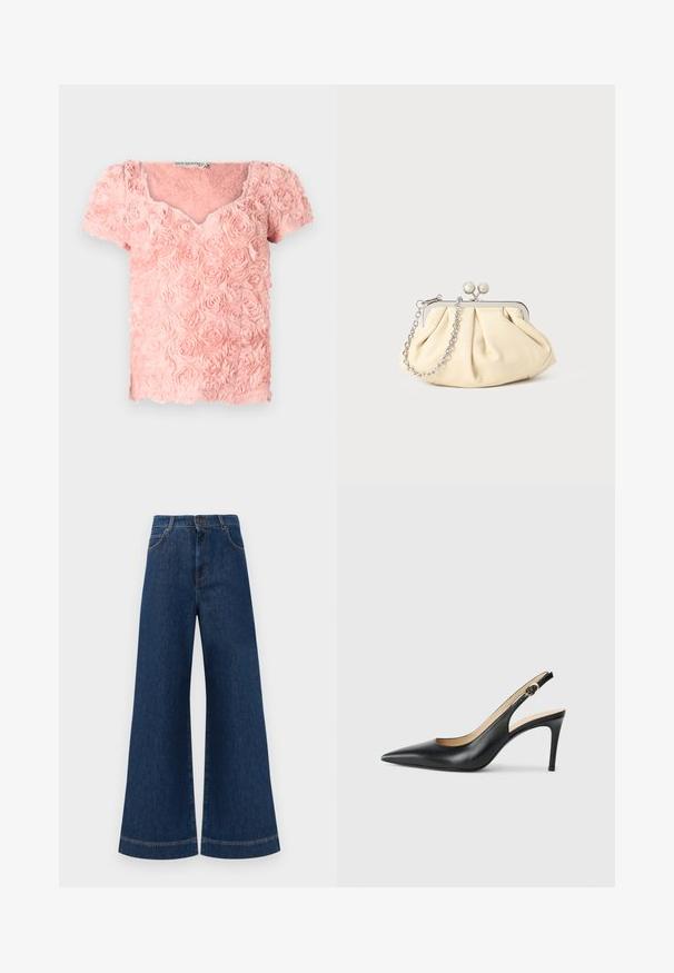 Rožinė palaidinė, pagaminta iš tekstūruoto audinio su sluoksniuotais rožių raštais, trumpomis rankovėmis ir V formos iškirpte. Pasižymi švelniais, trimatiais akcentais.; Plati mėlynos džinsinės kelnės su aukštu liemeniu, turinčios mygtukų užsegimą, diržo kilpas ir subtilius siuvinėjimo akcentus ant kišenių bei apdailos.; Juodos odinės slingback aukštakulnės bateliai su smailiu nosiu, reguliuojama juosta ir elegantišku stiletto kulnu, pasižymintys lygia apdaila.; Plyšiniai smėlio spalvos odiniai rankinukai su sidabriniu metaliniu rėmu, turintys du apvalius dekoratyvinius užtrauktukus ir sidabrinę grandinėlę.