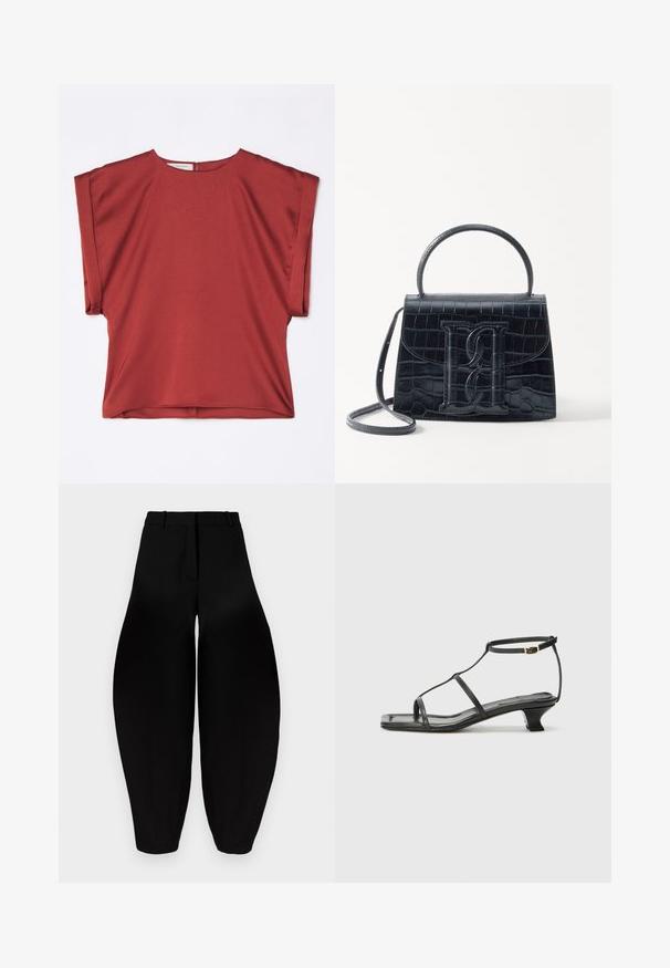 Punane, lühikeste varrukatega topp, mis on valmistatud siledast kangast, ümmarguse kaelusega ja avara lõikega. Omab seljal katkevetti ja kukkuvate õlgade disaini.; Mustad vööga laiad püksid, millel on pleeritud esikülg ja kitsenevad pahkluud. Valmistatud siledast kangast mattpinnaga.; Must värviline nahk sandaal ruudukujulise varbaga, õhukeste rihmadega, kohandatava pahkluu rihmaga ja madala kandaga. Rihmal on väike kuldne aktsent.; Must musta krokodillimustriga nahast käekott, millel on struktureeritud disain, ülemine käepide, reguleeritav rihm ja silmapaistev esiküljel logo detail.