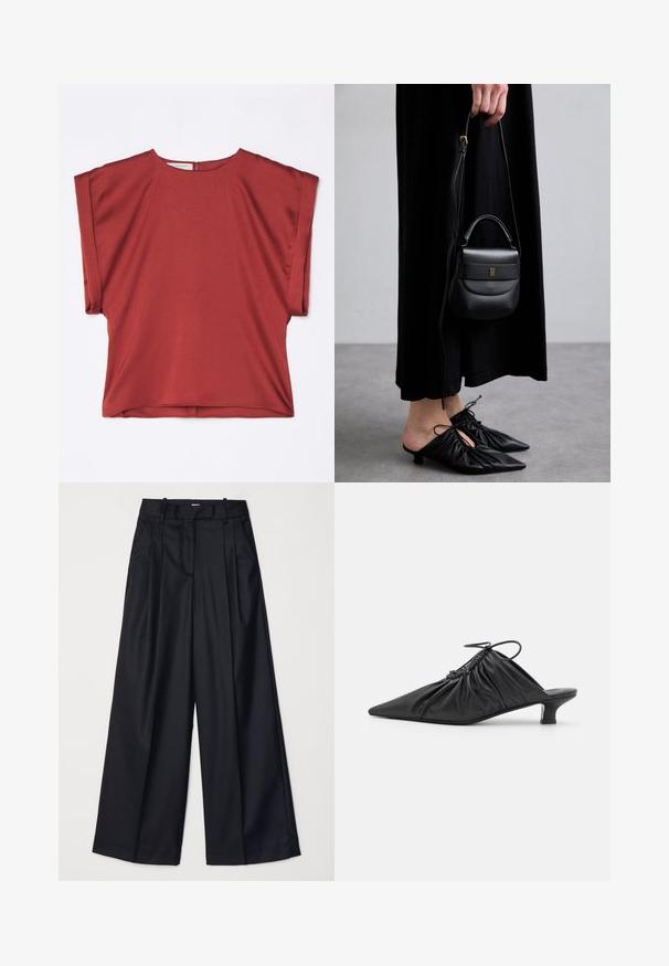 Rotes, kurzärmeliges Oberteil aus glattem Stoff mit Rundhalsausschnitt und lockerer Passform. Verfügt über einen Reißverschluss auf der Rückseite und einen gesenkten Schulternschnitt.; Schwarze weit geschnittene Hosen aus glattem Stoff, mit hoher Taille, Falten und einer taillierten Passform. Einfaches schwarzes Zubehör an der Taille.; Schwarze Leder-Mules zum Hineinschlüpfen mit spitzer Zehe, geraffter Textur und kleinem Kitten-Heel. Verfügt über ein Zugbanddetail am Öffnung.; Kleine schwarze Ledertasche mit runder Form, Obergriff und abnehmbarem Riemen. Getragen zu einem schwarzen Stoffkleid und schwarzen plissierten Schuhen.