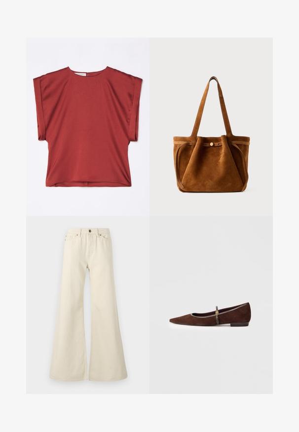 Top rosso a maniche corte, realizzato in tessuto morbido, con scollatura rotonda e vestibilità ampia. Presenta una cerniera sul retro e un design a spalla cadente.; Jeans flare beige chiaro in cotone. Presentano un'alta vita, cinque tasche e una chiusura con bottone con dettagli di cucitura a contrasto.; Scarpa piatta in suède marrone con punta affilata, caratterizzata da una sottile cinturino e un accento in metallo dorato. La scarpa ha un tacco basso e bordi grigi.; Borsa a tracolla in suede marrone con doppio manico, chiusura a bottone e una forma rilassata, leggermente morbida.