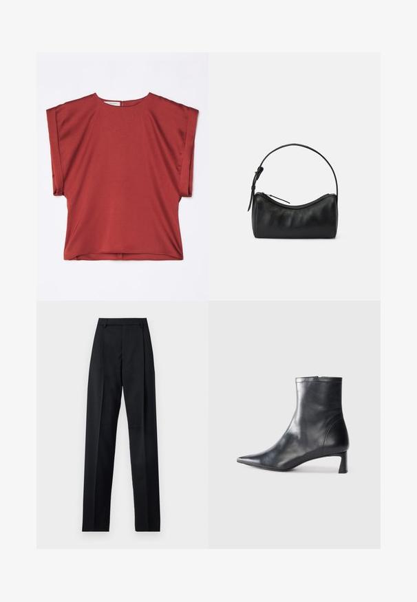 Rød kortærmet top lavet af glat stof med rund halsudskæring og løs pasform. Har en ryglynlås og drop shoulder-design.; Sorte bukser lavet af glat stof, der har høj talje, brede ben, frontfolder og klassiske bælteløkker. Ingen synlige sidelommer.; Sort læder ankelstøvle med spids tå og et strømlinet design. Har en lav hæl og en lynlås lukning bagpå. Glat tekstur.; Sort læder skuldertaske med et buet design, lynlåslukning og en slank rem. Har en glat tekstur og diskrete syninger.