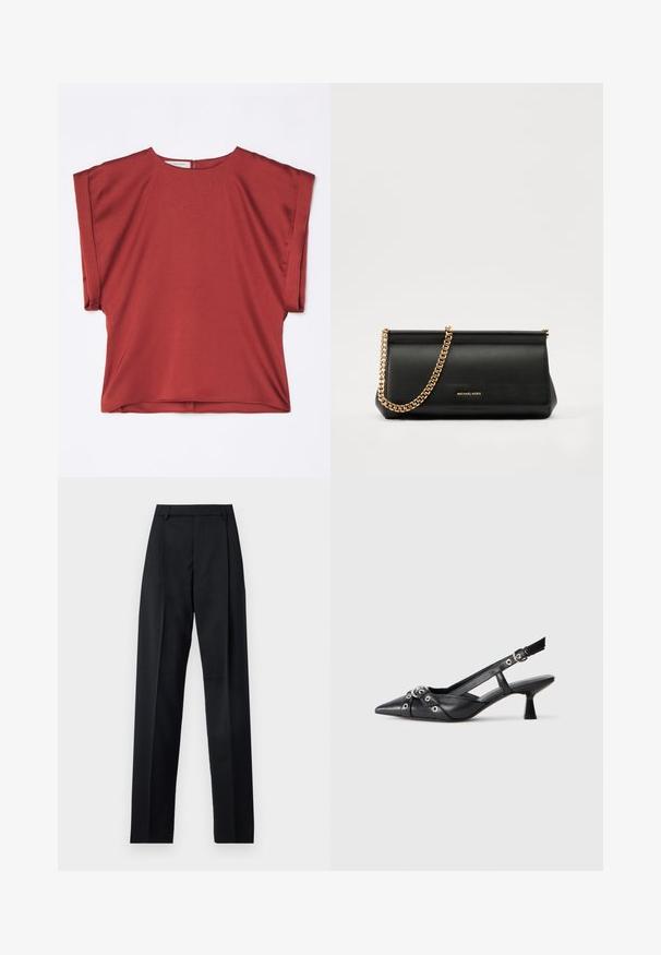Red, short-sleeve top made of smooth fabric with a round neckline and loose fit. Features a back zipper and drop shoulder design.; Black trousers made from smooth fabric featuring a high waist, wide legs, front pleats, and classic belt loops. No side pockets visible.; Black leather slingback shoe with a pointed toe, decorative straps featuring metal eyelets, and a low block heel. Textured surface.; Black leather clutch bag with a gold chain strap, featuring a smooth texture, rectangular shape, and embossed branding on the front.