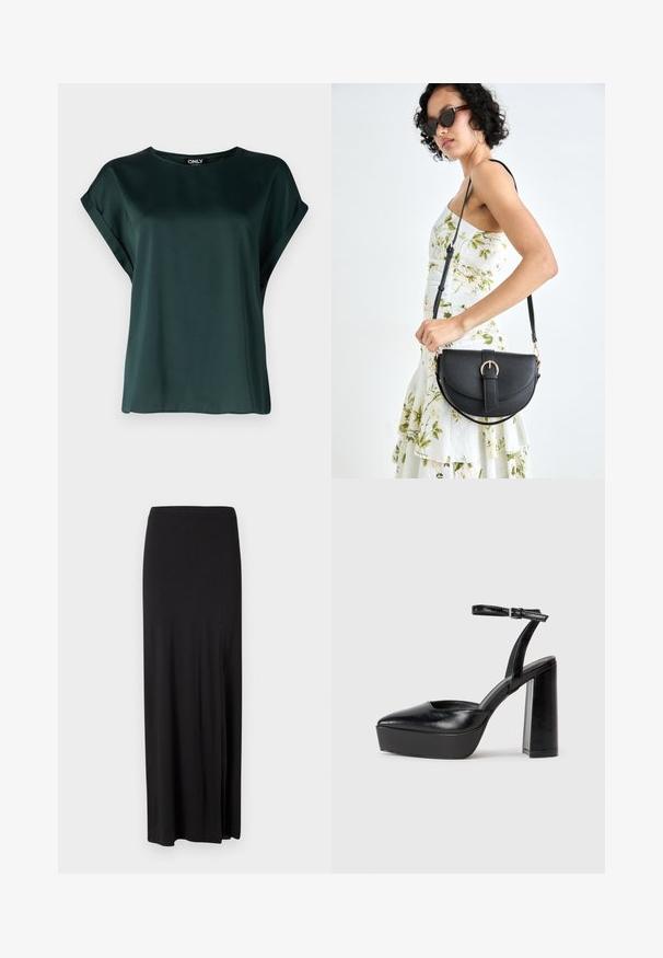 Tumši zaļa blūze ar vienkāršu dizainu, izgatavota no gludas auduma. Satur īsas, sarullētas piedurknes un apaļu kakla izgriezumu.; Melnā maxi svārki ir izgatavoti no mīksta, elastīga materiāla. Iedarbība ir sānu šķiršanās un vienkāršs, plūstošs dizains bez rotājumiem.; Melnas platformas papēžs ar norādītu purngala formu un regulējamu potītes siksniņu. Izgatavotas no gludas ādas, ar masīvu bloku papēdi.; Melnas ādas rokassoma ar izliekta formu, noņemamu siksnu un zelta aksesuāriem. Somai ir vāciņš ar sprādzes detaļu.