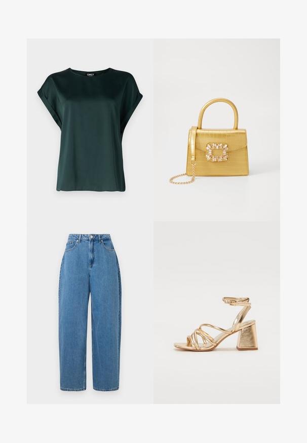 Tamsiai žalia bliuskutė su paprastu dizainu, pagaminta iš lygaus audinio. Turi trumpas, sukamas rankoves ir apvalią iškirptę.; Šviesiai mėlynos džinsinės kelnes su tiesiu kirpimu, aukštu liemeniu ir priekyje užsegimu mygtuku. Turi penkias kišenes ir minimalias siuvimo detales.; Auksinės metalinės kulniuko šlepetės su juostelėmis, kvadratiniu blokiniu kulnu ir reguliuojamu kulkšnies dirželiu su sagtimi. Lygi tekstūra.; Geltonas dirbtinės krokodilo odos rankinukas su standžiu dizainu, viršutine rankena, nuimamu grandininiu dirželiu ir dekoratyviniu krištolo papuošimu ant užsegimo.