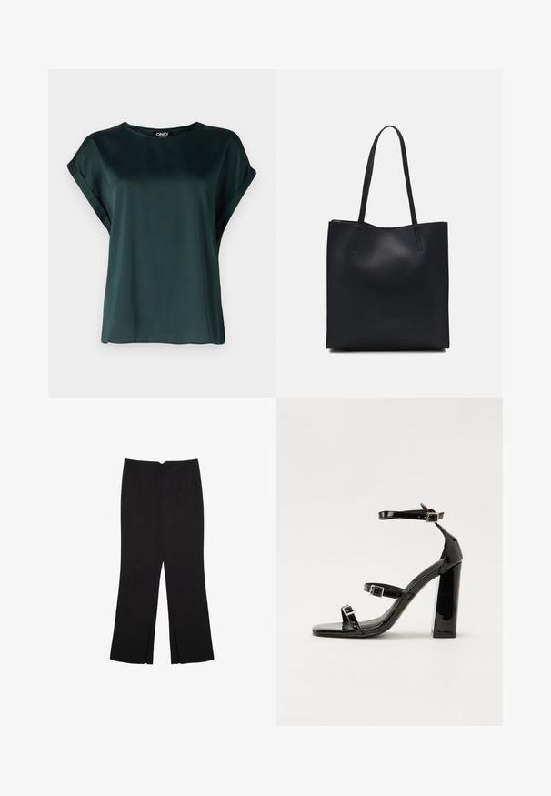 Blusa verde scuro con un design semplice, realizzata in tessuto morbido. Presenta maniche corte arrotolate e una scollatura rotonda.; Pantaloni neri a gamba dritta, con tasche frontali e spacchi laterali all'orlo. Realizzati in tessuto morbido e liscio. Adatti a diverse occasioni.; Sandali con tacco in vernice nera, con punta squadrata, cinturini alla caviglia e fibbie in argento. Presentano un tacco a blocco spesso per maggiore stabilità.; Borsa tote in pelle nera con texture liscia, forma rettangolare e due manici lunghi. Nessun hardware o decorazione visibile.