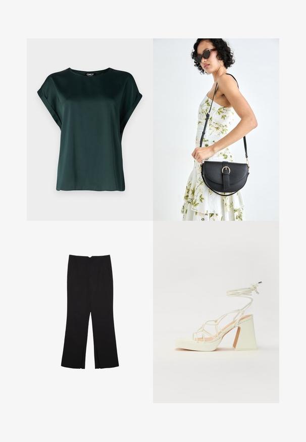 Mörkgrön blus med en enkel design, tillverkad av slät tyg. Har korta, uppvikta ärmar och rund halsringning.; Svarta byxor med rak passform, utrustade med framfickor och sidoklyvningar vid fållen. Tillverkade av mjukt, slätt tyg. Lämpliga för olika tillfällen.; Vit högklackad sandal med en kraftig klack, med ett remdesign och ankelband. Slät textur med en plattform framtill för ökad höjd.; Svart läderhandväska med en böjd form, avtagbar rem och guldiga detaljer. Väskan har ett lock med en spänndetalj.
