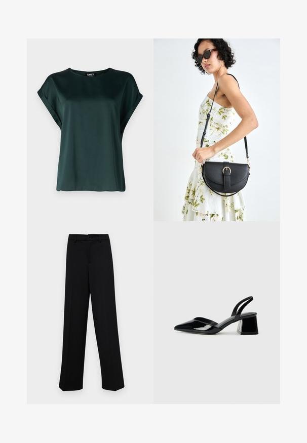 Tamnozelena bluzica s jednostavnim dizajnom, izrađena od glatkog materijala. Ima kratke, zavrnute rukave i okrugli izrez.; Crne široke hlače od glatkog materijala, s klasičnim pojasom koji se zatvara dugmetom i prednjim naborima.; Crne lakirane kožne sandale s otvorenom petom i špicastim vrhom, s geometrijskom blok petom. Imaju elegantan, minimalistički dizajn i glatku teksturu.; Crna kožna torba s lukovitim oblikom, odvojivim remenom i zlatnim detaljima. Torba ima preklop s kopčom.