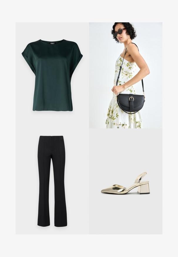 Bluză de culoare verde închis, cu un design simplu, fabricată dintr-un material neted. Dispune de mâneci scurte, răsucite și de un decolteu rotund.; Pantaloni negri evazați cu o textură nervurată și talie ajustată. Designul include cusături verticale pentru un aspect elegant. Fără hardware vizibil.; Pantofi cu toc slingback metalici aurii, cu vârf ascuțit și toc chunky. Textură netedă, design minimalist și o curea subțire.; Geantă din piele neagră, cu o formă curbată, curea detașabilă și accesorii aurii. Geanta are un capac cu un detaliu tip cataramă.