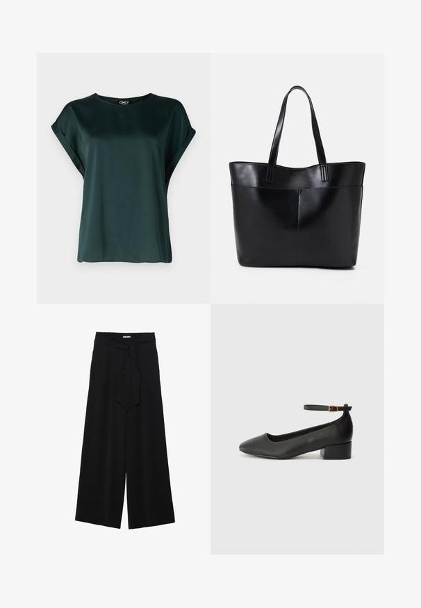 Blouse vert foncé au design simple, fabriquée en tissu lisse. Dotée de manches courtes à revers et d'un col rond.; Pantalons larges noirs en tissu texturé, avec une taille élastique et une ceinture à nouer amovible à la taille pour un ajustement variable.; Escarpin en cuir noir avec un bout pointu et un petit talon bloc. Doté d'une bride de cheville avec une boucle dorée. Texture lisse.; Sac fourre-tout en cuir noir avec deux longues poignées, une texture lisse et une forme structurée. Dispose d'une poche avant pour un rangement supplémentaire.