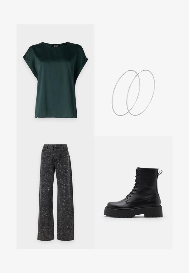Dark green blouse with a simple design, made from smooth fabric. Features short, rolled sleeves and a round neckline.; Noisy May NMJANNEL LOOSE - Relaxed fit jeans - black denim; Black leather ankle boots with a round toe, lace-up front, and a thick rubber sole featuring a textured tread. Pull tab at the back.; Silver hoop earrings with a minimalist design. Circular shape, smooth texture, and thin profile. Lightweight with a polished finish.